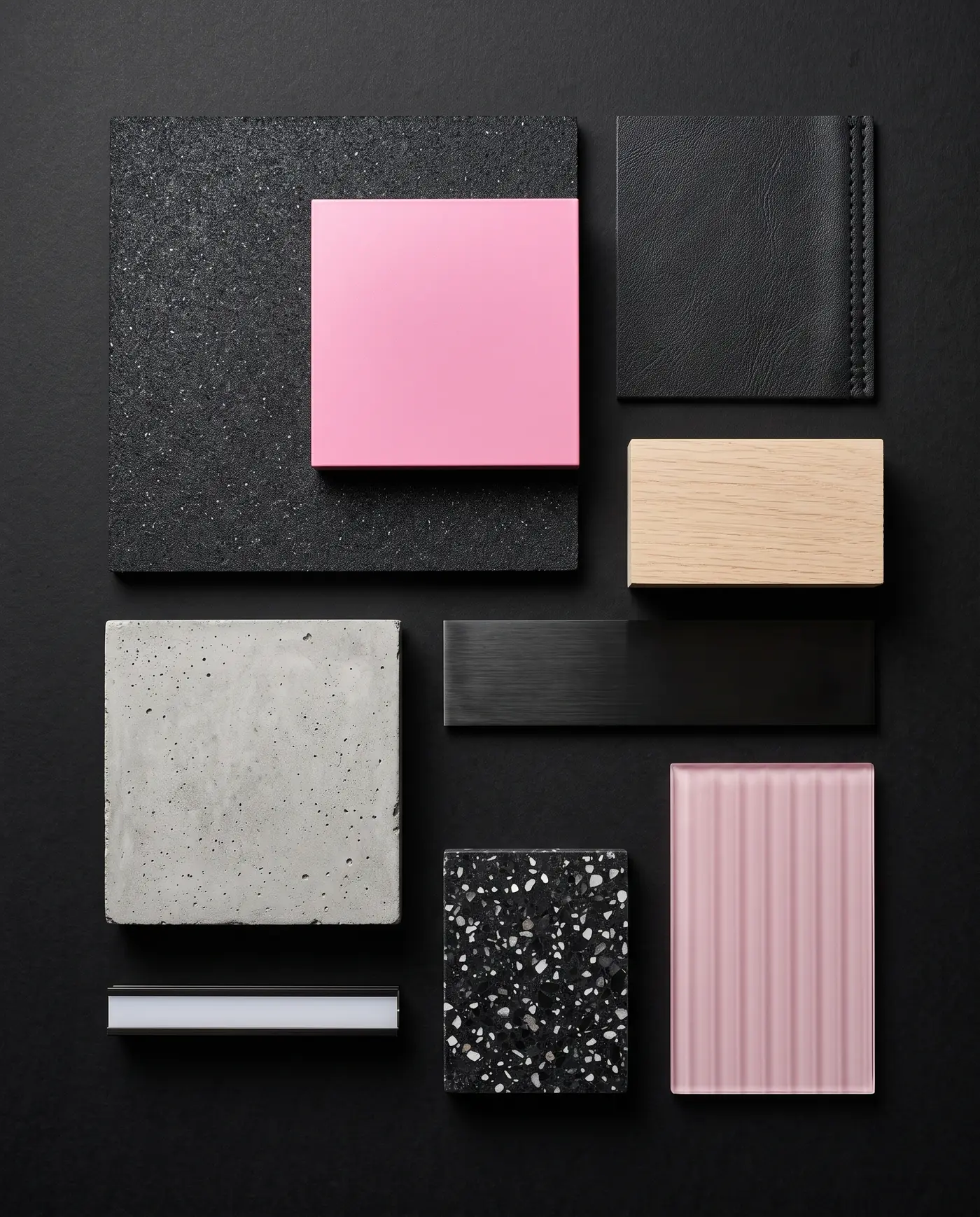 Materialprover: gummigolv, rosa pulverlackat stål, svart läder, ek, betong, terrazzo och räfflat glas.