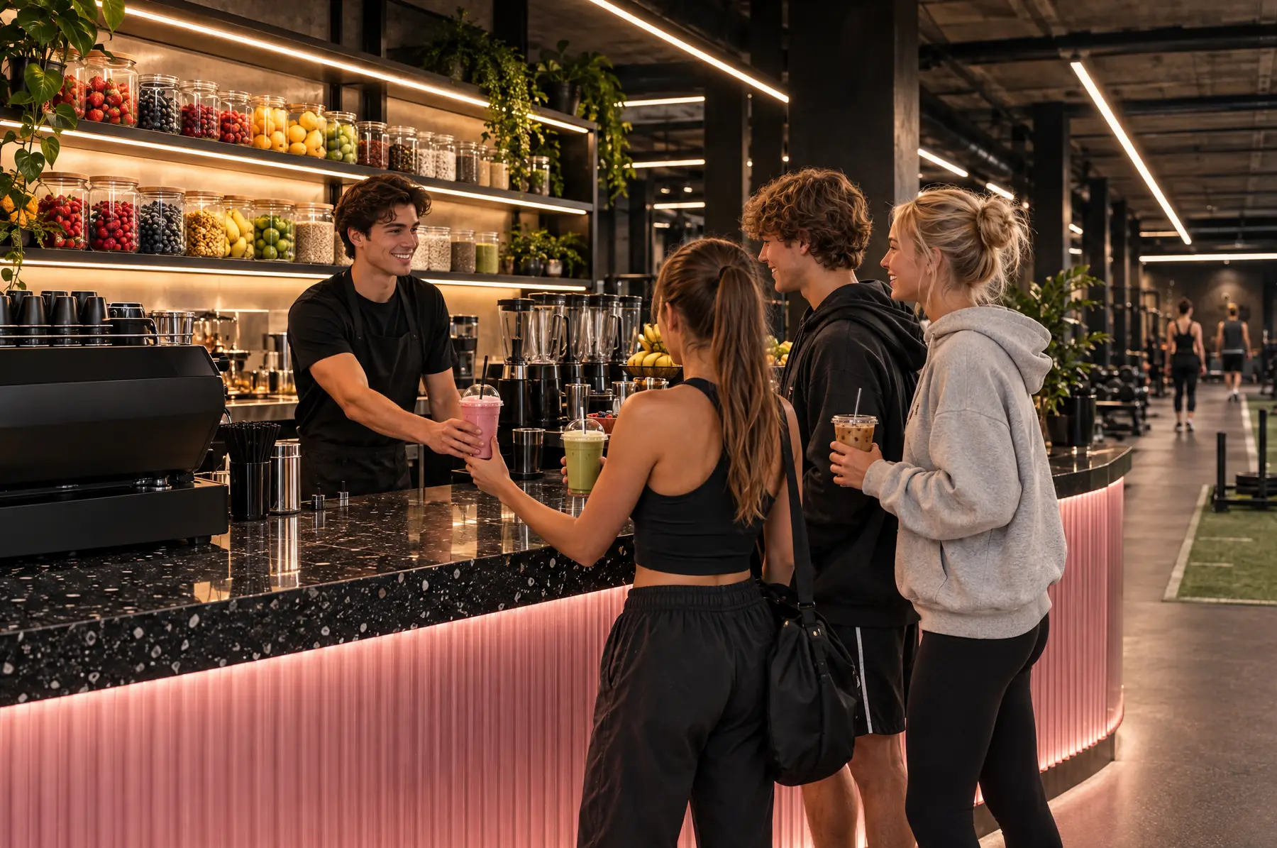 Smoothie- och kaffebar med svart terrazzodisk, rosa räfflat glas och tonåringar som hämtar drinkar.