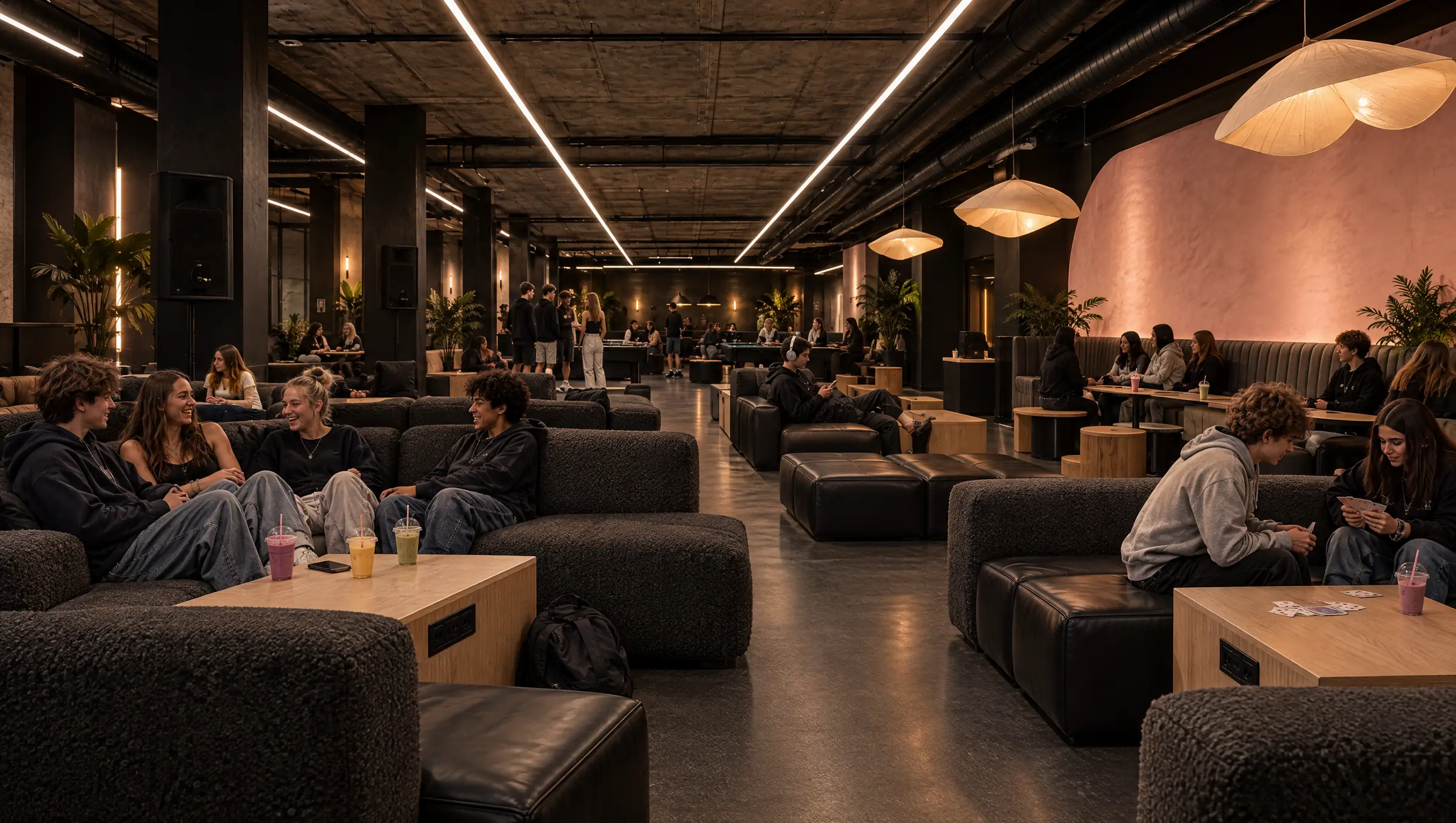 Stor lounge med låga soffor, ljusa ekbord, en rosa putsvägg och kompisar som hänger.